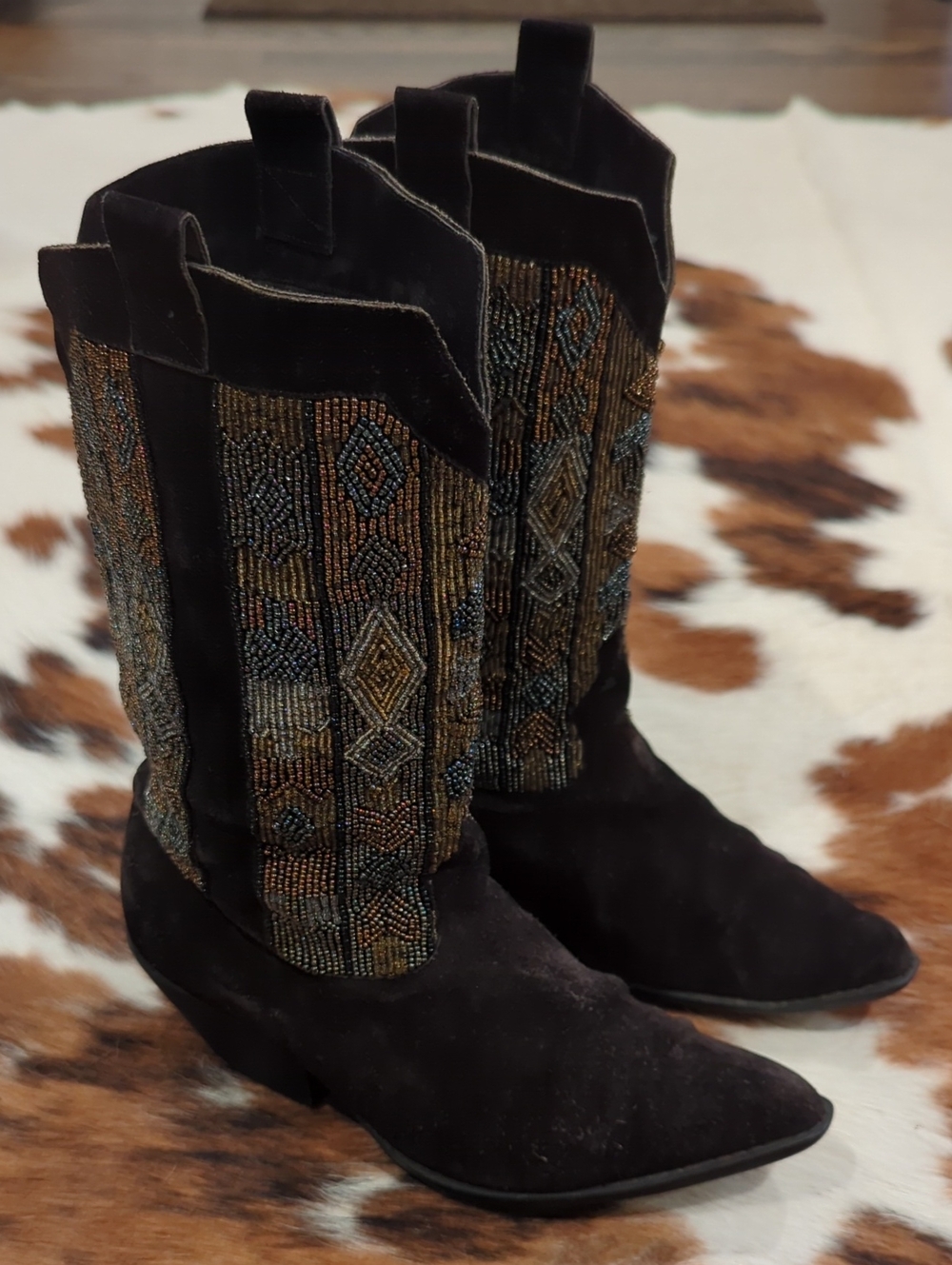 Vintage Caparros dark brown suede Western boots-intricate multi-colored Beading